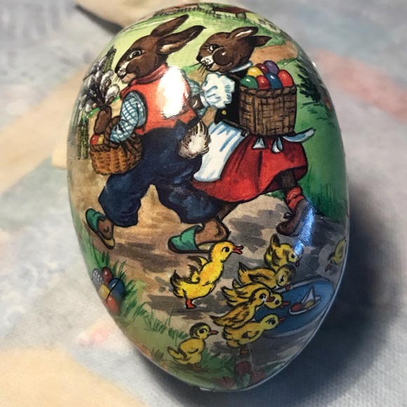 2 Vintage German Paper Mache Colorful Easter Egg with Bunnies & Chickens - Picture 3 of 4